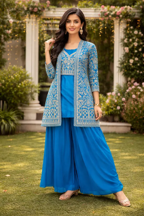 3__Pieces_TEAL_BLUE_Ready_Made_Plazzo_&_blouse_Set_With_Shrug