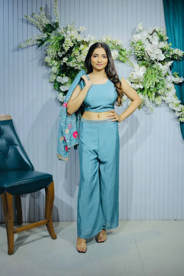 3__Pieces_TEAL_BLUE_Ready_Made_Plazzo_&_blouse_Set_With_Shrug