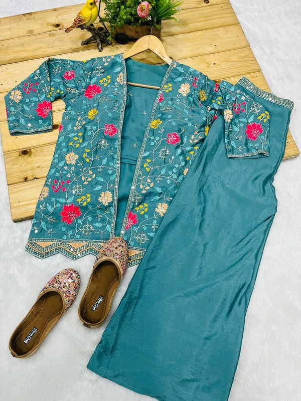 3__Pieces_TEAL_BLUE_Ready_Made_Plazzo_&_blouse_Set_With_Shrug