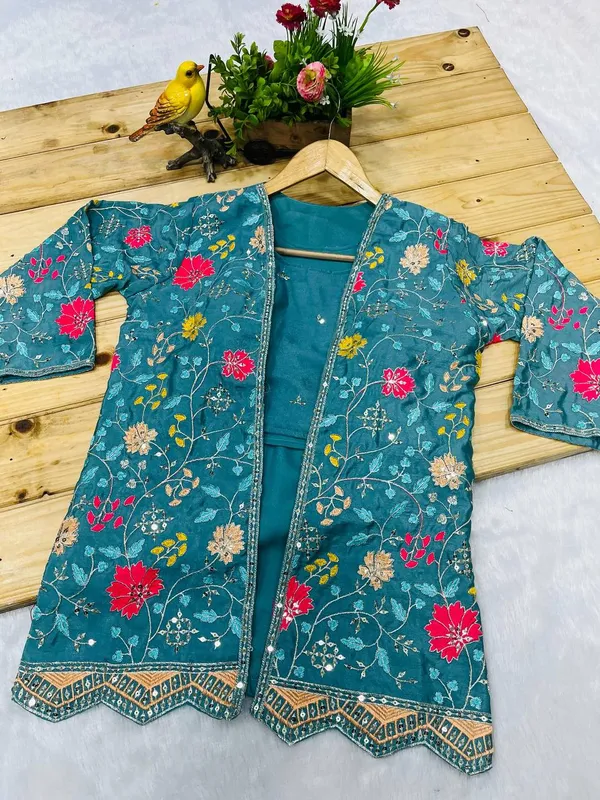 3__Pieces_TEAL_BLUE_Ready_Made_Plazzo_&_blouse_Set_With_Shrug