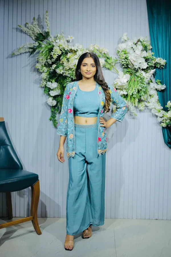 3__Pieces_TEAL_BLUE_Ready_Made_Plazzo_&_blouse_Set_With_Shrug