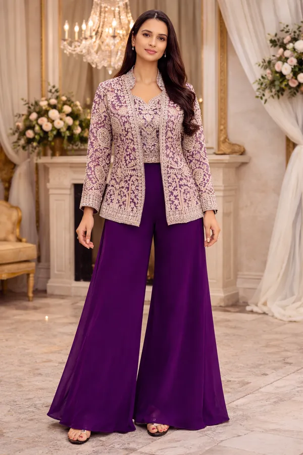 3_Pieces_PURPLE_Ready_Made_Plazzo_&_blouse_Set_With_Shrug