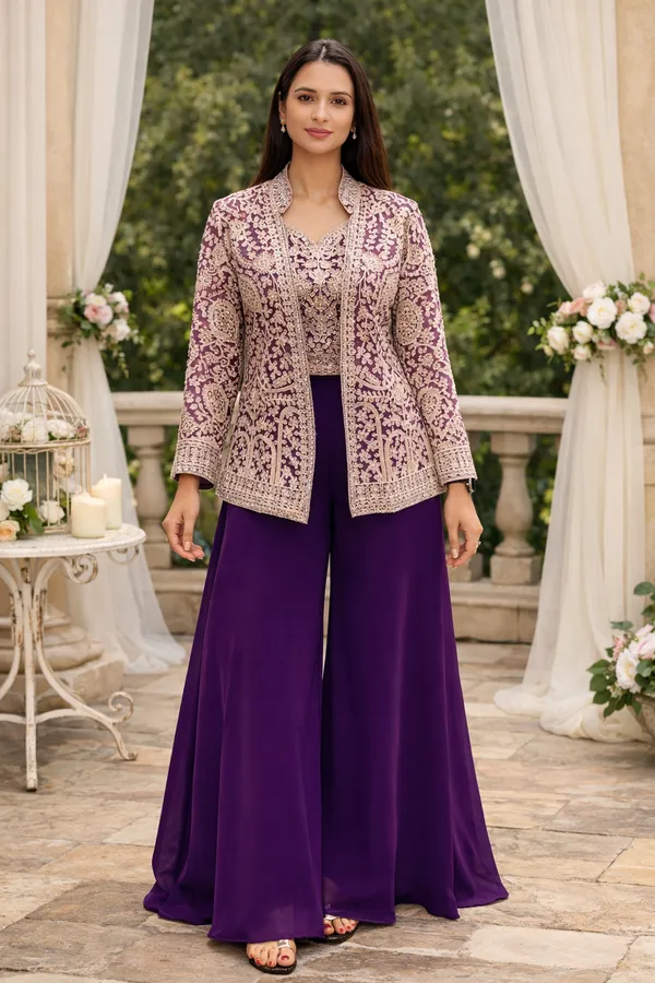 3_Pieces_PURPLE_Ready_Made_Plazzo_&_blouse_Set_With_Shrug