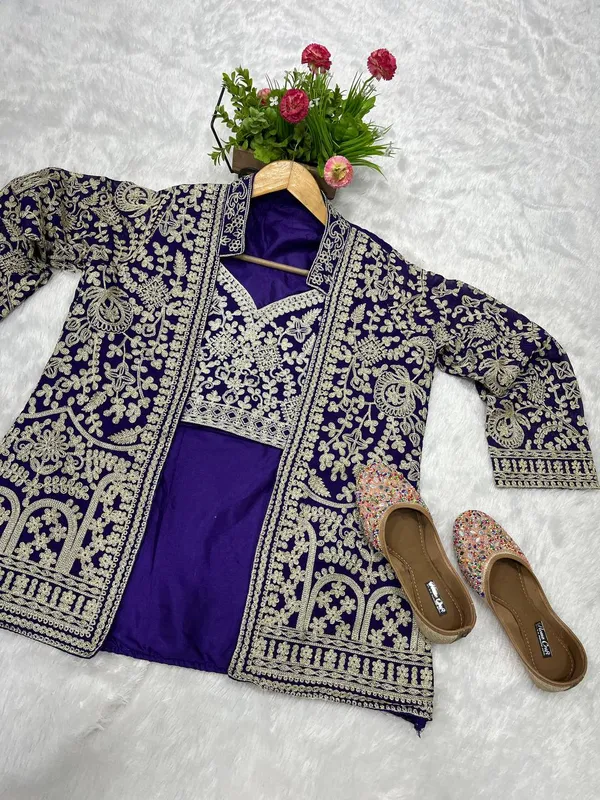 3_Pieces_PURPLE_Ready_Made_Plazzo_&_blouse_Set_With_Shrug
