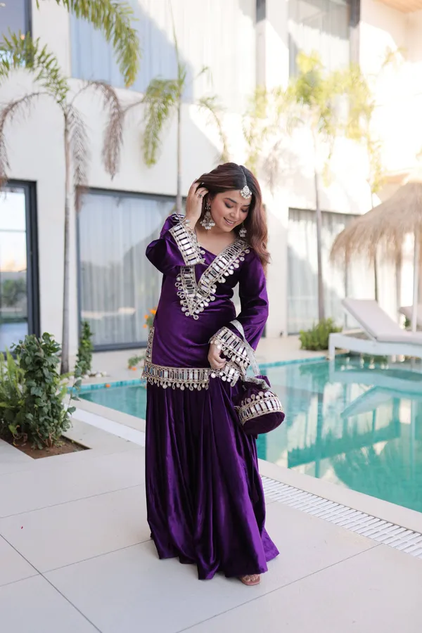 2__Pieces__PURPLE_ICE_Suit_with_top,_Bottom_&_Traditional_Hand_Potli-Bag