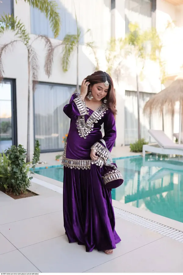 2__Pieces__PURPLE_ICE_Suit_with_top,_Bottom_&_Traditional_Hand_Potli-Bag