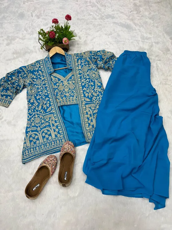3__Pieces_TEAL_BLUE_Ready_Made_Plazzo_&_blouse_Set_With_Shrug