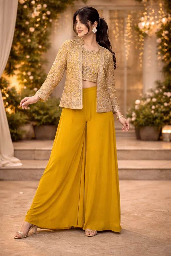3__Pieces_mustard_yellow_Ready_Made_Plazzo_&_blouse_Set_With_Shrug