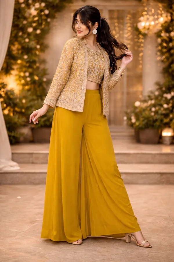 3__Pieces_mustard_yellow_Ready_Made_Plazzo_&_blouse_Set_With_Shrug