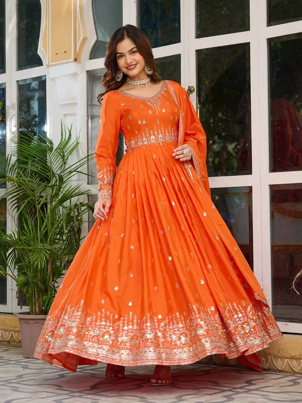 Elegant_scarlet__Orange_Embroidered_Anarkali_Suit_with_Dupatta_&_Palazzo_Set
