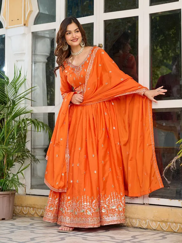 Elegant_scarlet__Orange_Embroidered_Anarkali_Suit_with_Dupatta_&_Palazzo_Set