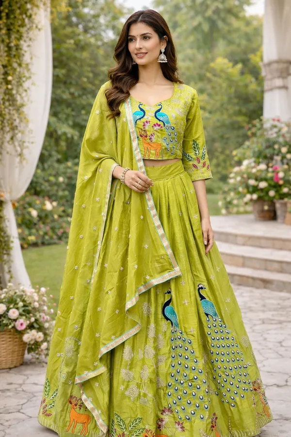 LIME_GREEN_PEACOCK_Designer_Embroidered_Lahenga_Choli