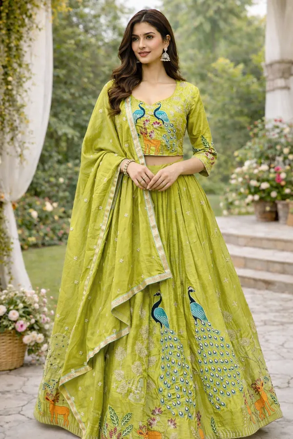 LIME_GREEN_PEACOCK_Designer_Embroidered_Lahenga_Choli