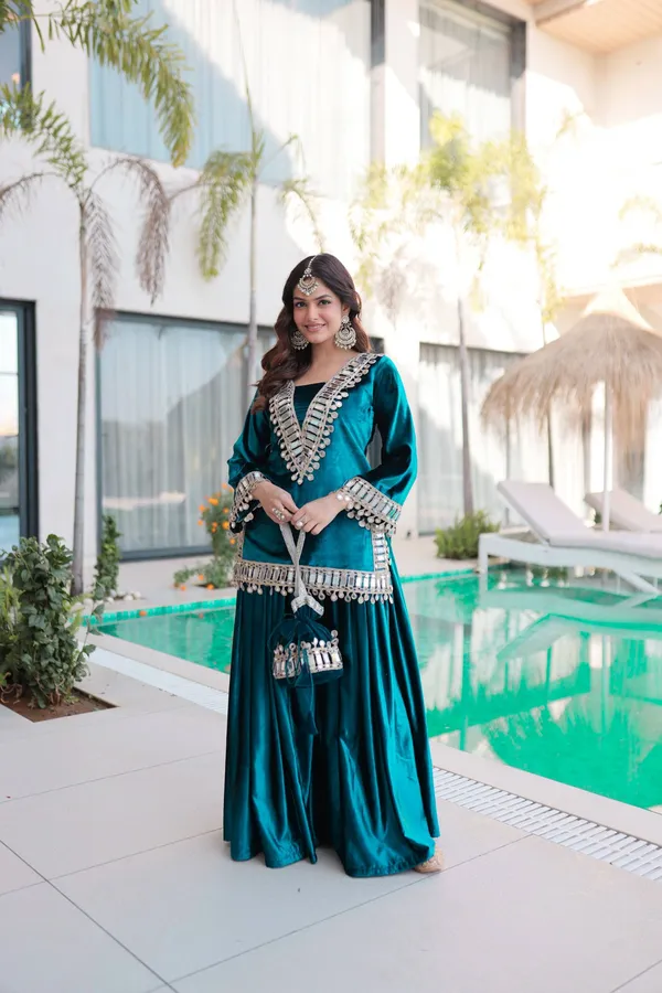 2_Pieces__TEAL_BLUE_VELVET_Suit_with_top,_Bottom_&_Traditional_Hand_Potli-Bag