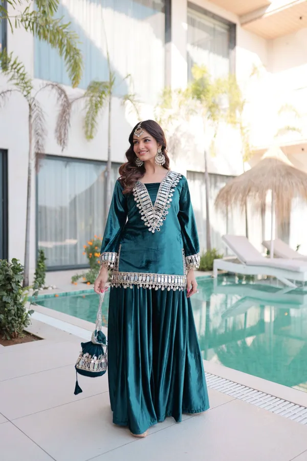 2_Pieces__TEAL_BLUE_VELVET_Suit_with_top,_Bottom_&_Traditional_Hand_Potli-Bag