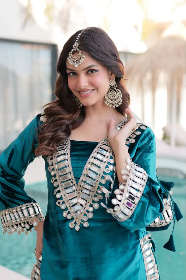 2_Pieces__TEAL_BLUE_VELVET_Suit_with_top,_Bottom_&_Traditional_Hand_Potli-Bag