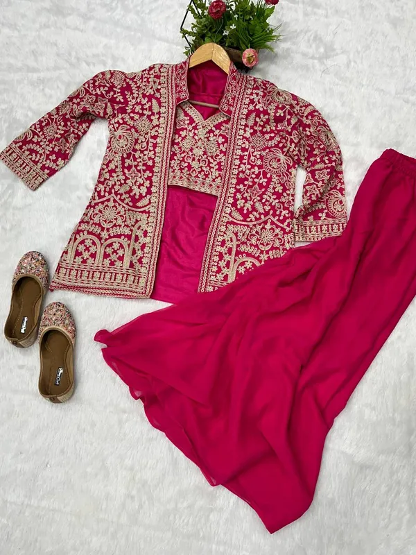 3_Pieces__RANI_PINK_Ready_Made_Plazzo_&_blouse_Set_With_Shrug