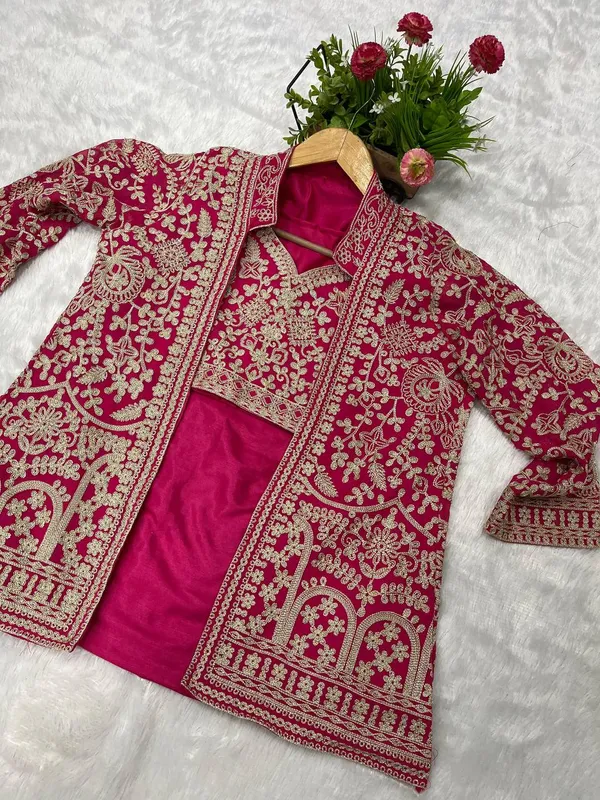 3_Pieces__RANI_PINK_Ready_Made_Plazzo_&_blouse_Set_With_Shrug
