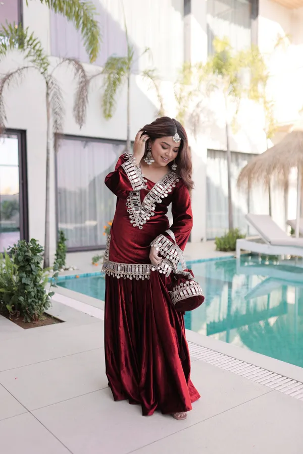 2_Pieces_MAROON_VELVET__Suit_with_top,_Bottom_&_Traditional_Hand_Potli-Bag