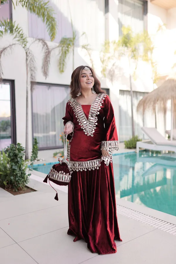 2_Pieces_MAROON_VELVET__Suit_with_top,_Bottom_&_Traditional_Hand_Potli-Bag