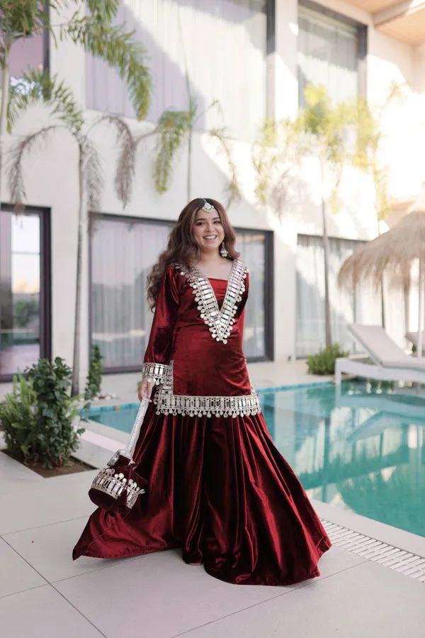 2_Pieces_MAROON_VELVET__Suit_with_top,_Bottom_&_Traditional_Hand_Potli-Bag