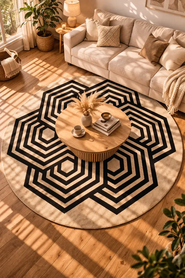 Geometric_Round_Area_Rug_|_Modern_Black_&_Beige_Hexagon_Pattern_Hand_Tufted_Carpet