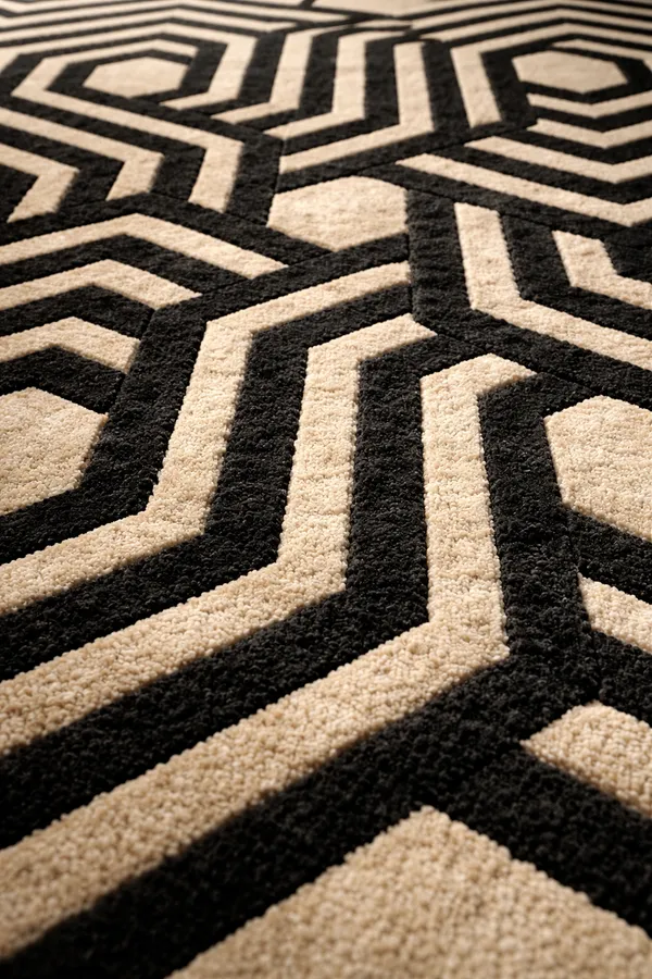 Geometric_Round_Area_Rug_|_Modern_Black_&_Beige_Hexagon_Pattern_Hand_Tufted_Carpet