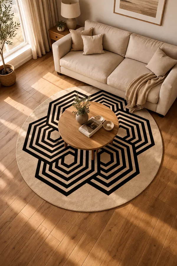 Geometric_Round_Area_Rug_|_Modern_Black_&_Beige_Hexagon_Pattern_Hand_Tufted_Carpet