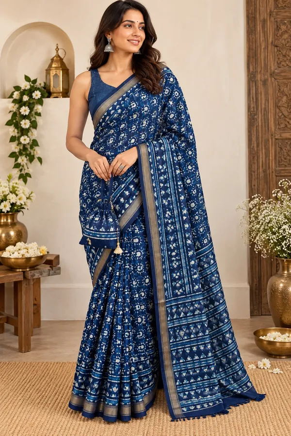 Indigo_Hand_Block_Printed_Maheshwari_Silk_Saree_