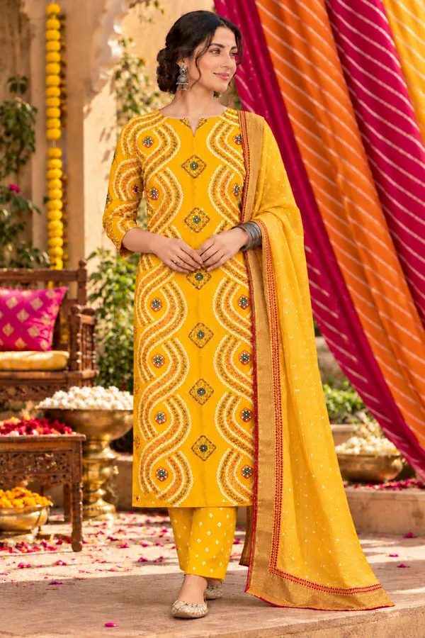 Yellow_Cotton_Bandhani/Bandhej_Suit_Dress_Materials_Women
