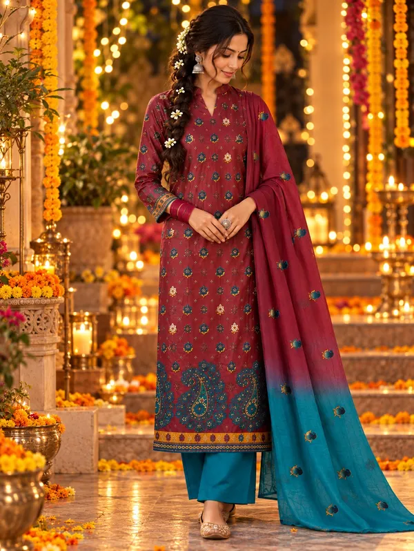 Festive_Elegance_Teal_Maroon_Silk_Embroidered_Kurta_Set