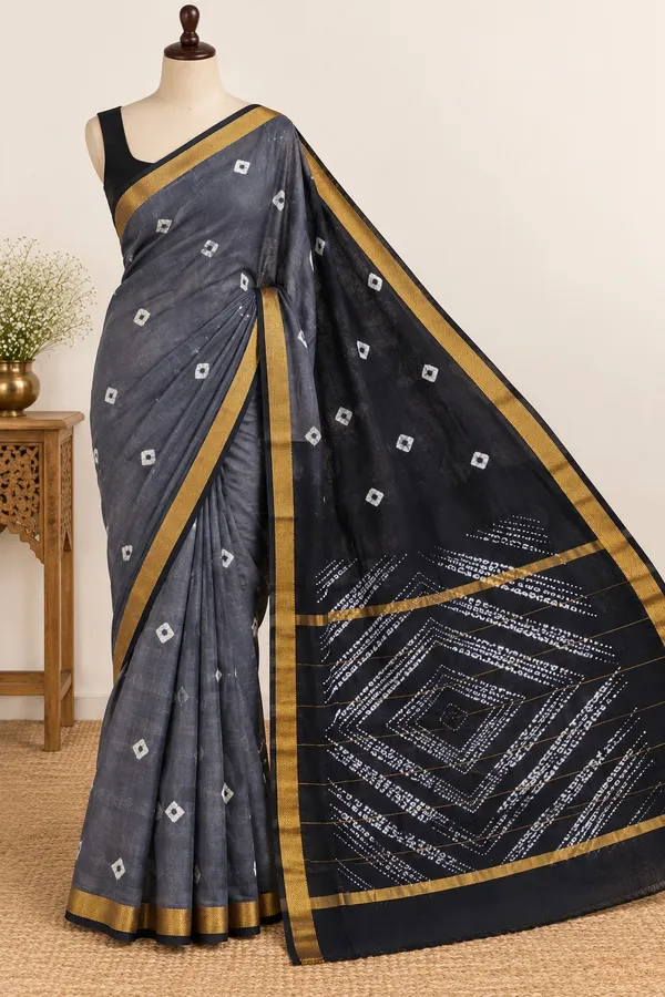 Festive_Grey_Black_Shibori_Maheshwari_Silk_Saree_