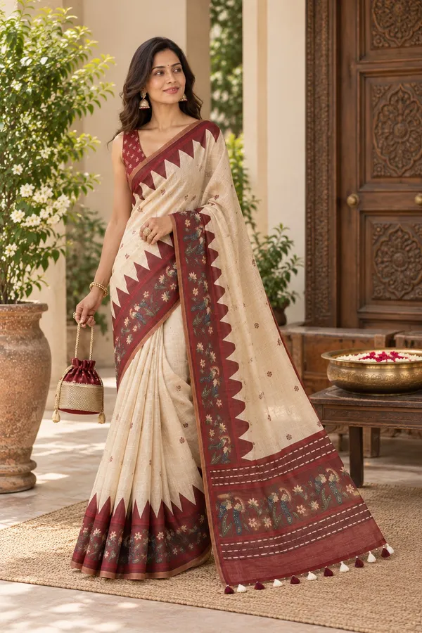 Festive_beige_Handcrafted_Printed_Cotton_Saree_with_Traditional_Border
