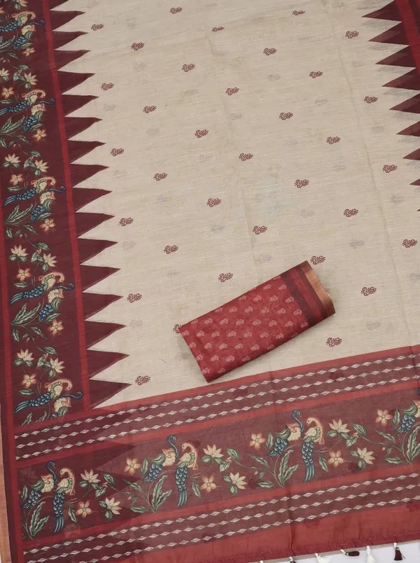 Festive_beige_Handcrafted_Printed_Cotton_Saree_with_Traditional_Border