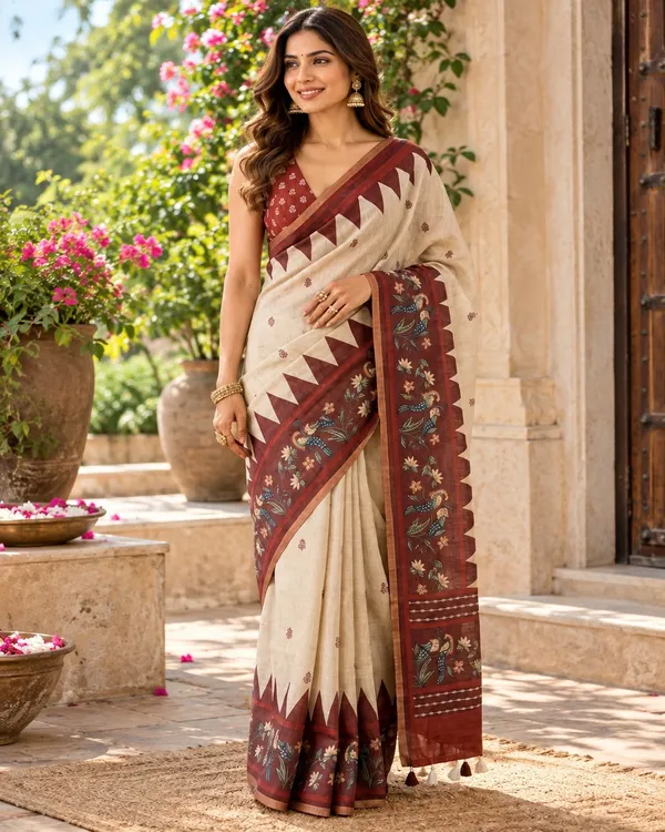 Festive_beige_Handcrafted_Printed_Cotton_Saree_with_Traditional_Border