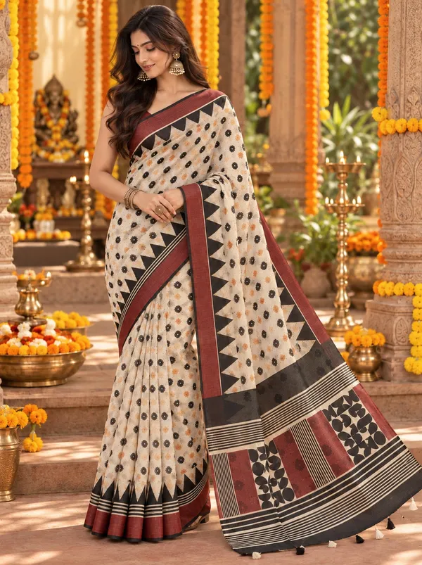 Festive_Beige_&_Maroon_Heritage_Cotton_Saree_with_Traditional_Border