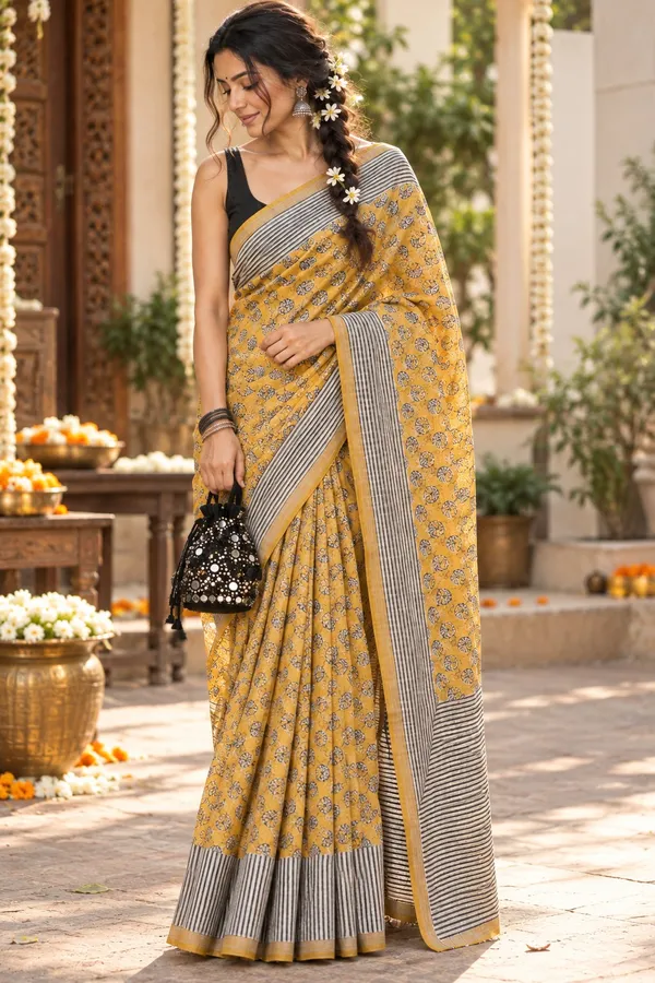 Yellow_Hand_Block_Printed_Kota_Doria_Cotton_Saree_