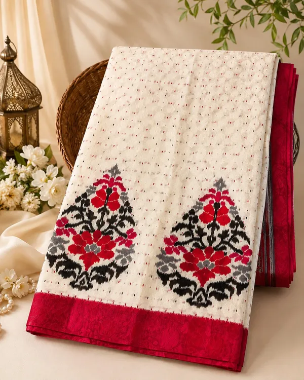 Ivory_Red_Festive_Faux_Banarsi_Silk_Paisley_Saree_