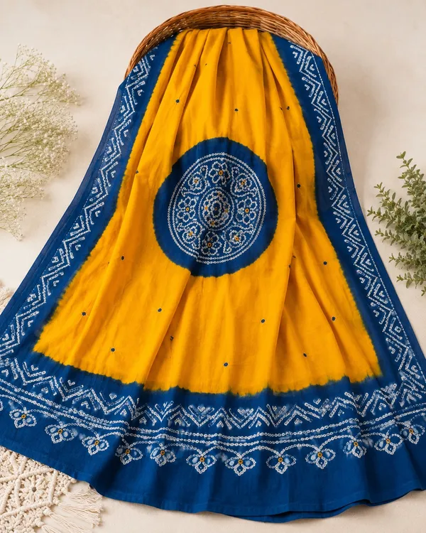 Yellow_Kutch_Bandhani/Bandhej_mirrorwork_Cotton_Dupatta_