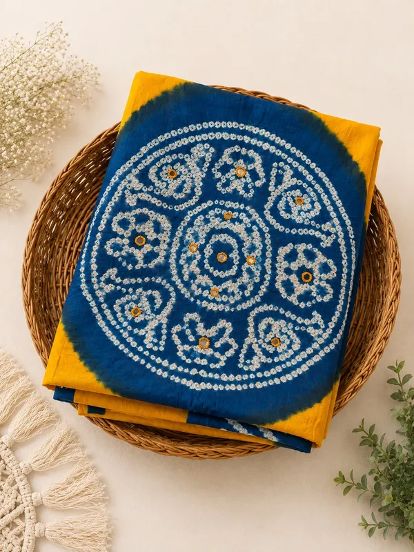 Yellow_Kutch_Bandhani/Bandhej_mirrorwork_Cotton_Dupatta_