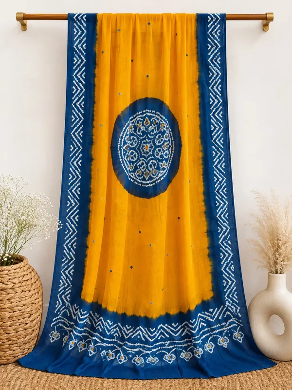 Yellow_Kutch_Bandhani/Bandhej_mirrorwork_Cotton_Dupatta_