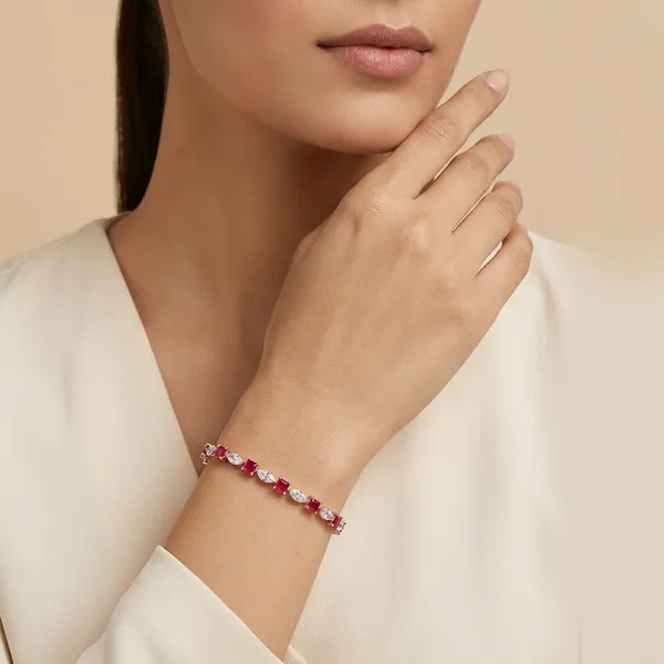 Rose_Gold_Toned_Red_Stone_And_Crystal_Floral_Link_Silver_Tennis_Bracelet_For_Women_|_925_Pure_Silver