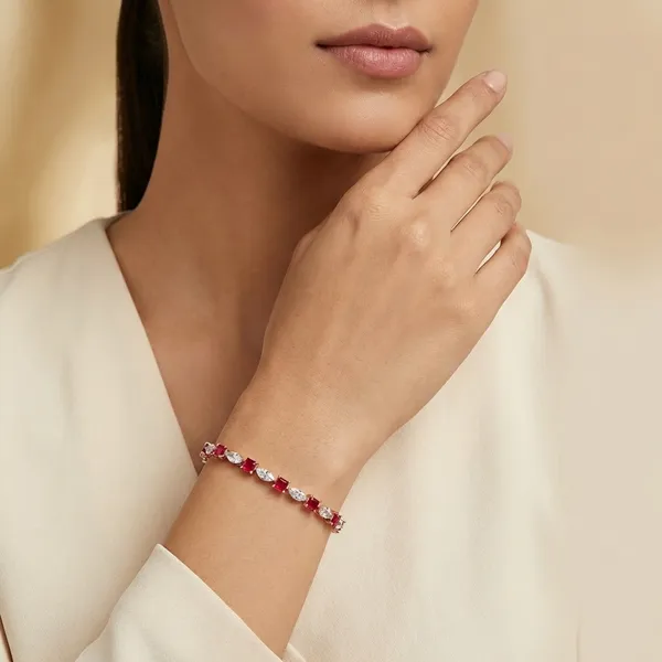 Rose_Gold_Toned_Red_Stone_And_Crystal_Floral_Link_Silver_Tennis_Bracelet_For_Women_|_925_Pure_Silver