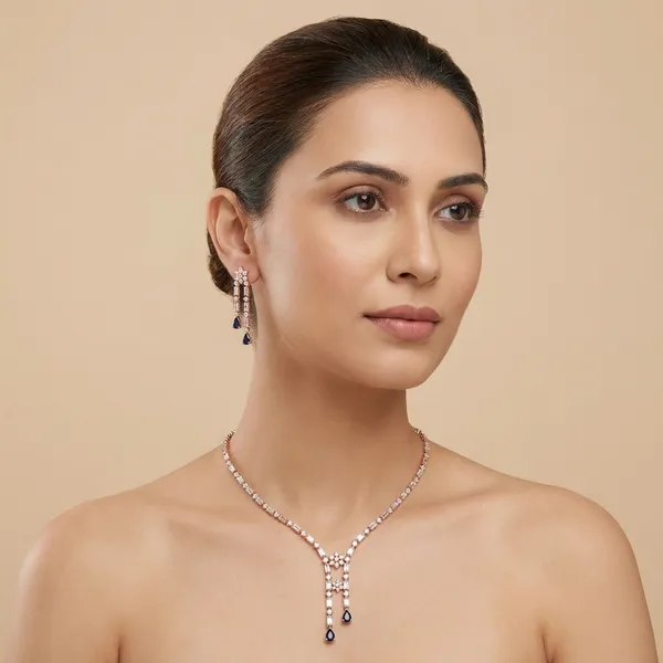 Rose_Gold_Double_Line_Silver_Necklace_And_Earring_Set_For_Women_|_925_Pure_Silver