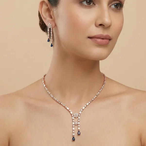 Rose_Gold_Double_Line_Silver_Necklace_And_Earring_Set_For_Women_|_925_Pure_Silver