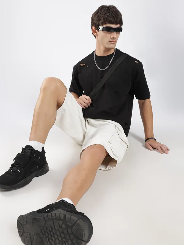 Jet_Black_Cotton_Shredded_T_Shirt_For_Men