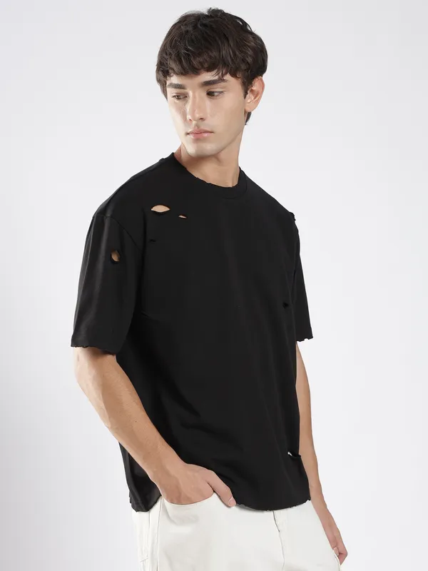 Jet_Black_Cotton_Shredded_T_Shirt_For_Men