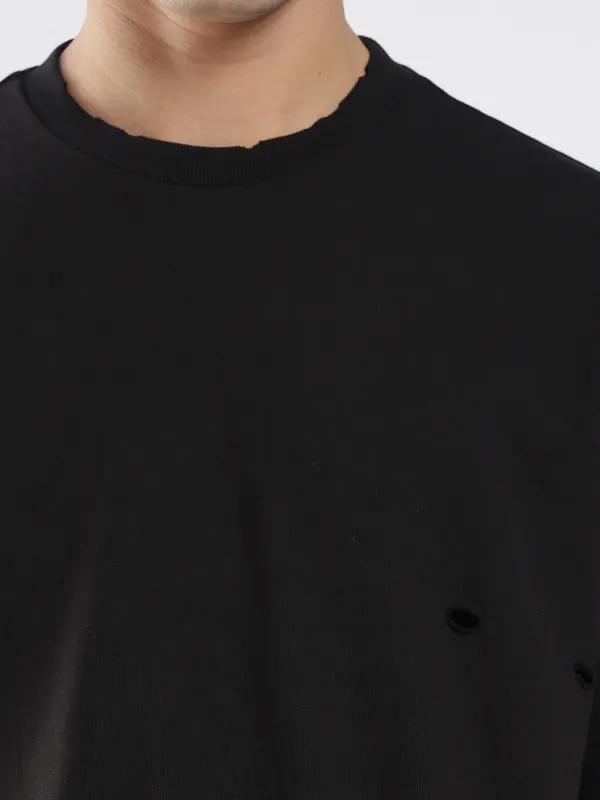 Jet_Black_Cotton_Shredded_T_Shirt_For_Men