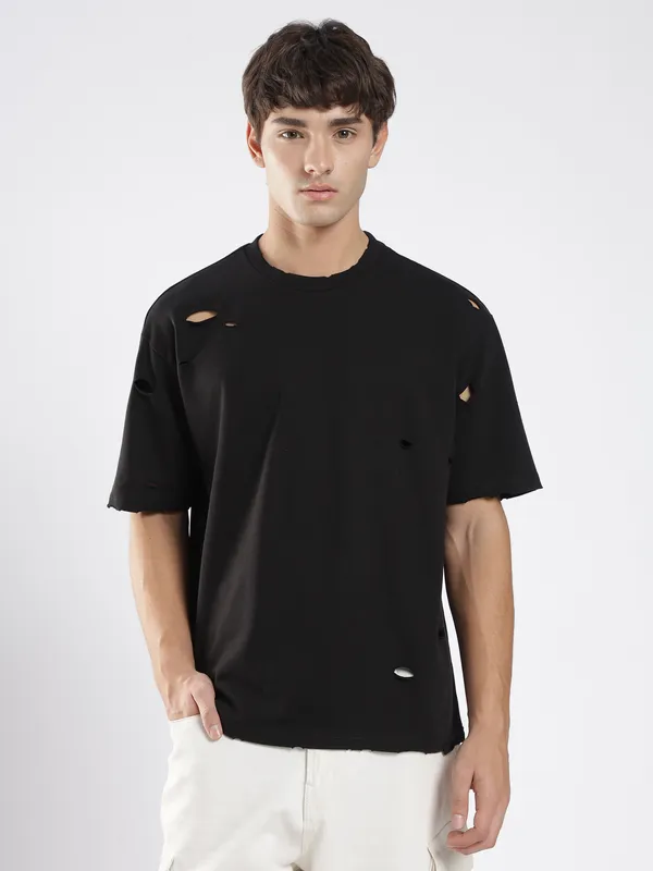 Jet_Black_Cotton_Shredded_T_Shirt_For_Men