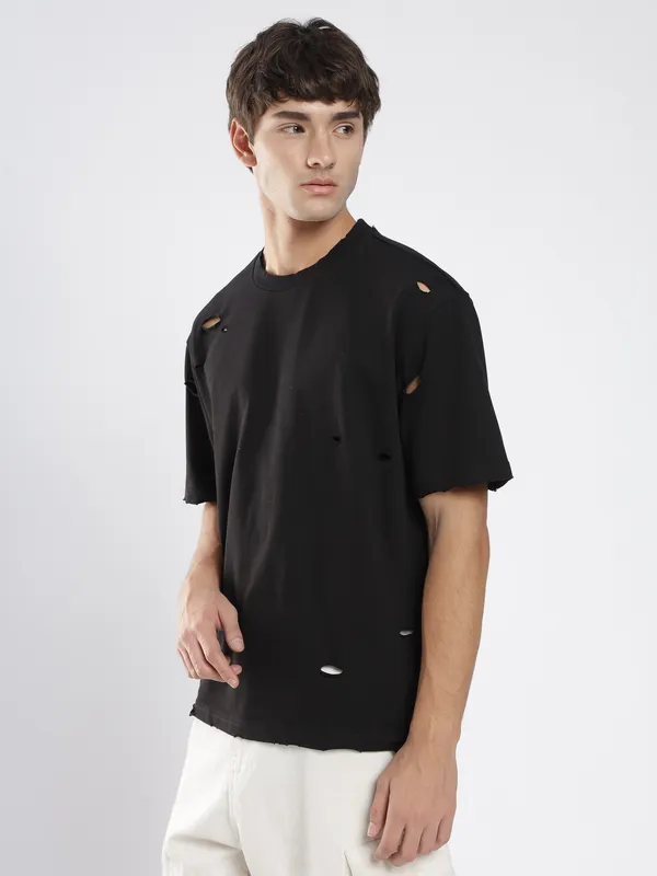 Jet_Black_Cotton_Shredded_T_Shirt_For_Men